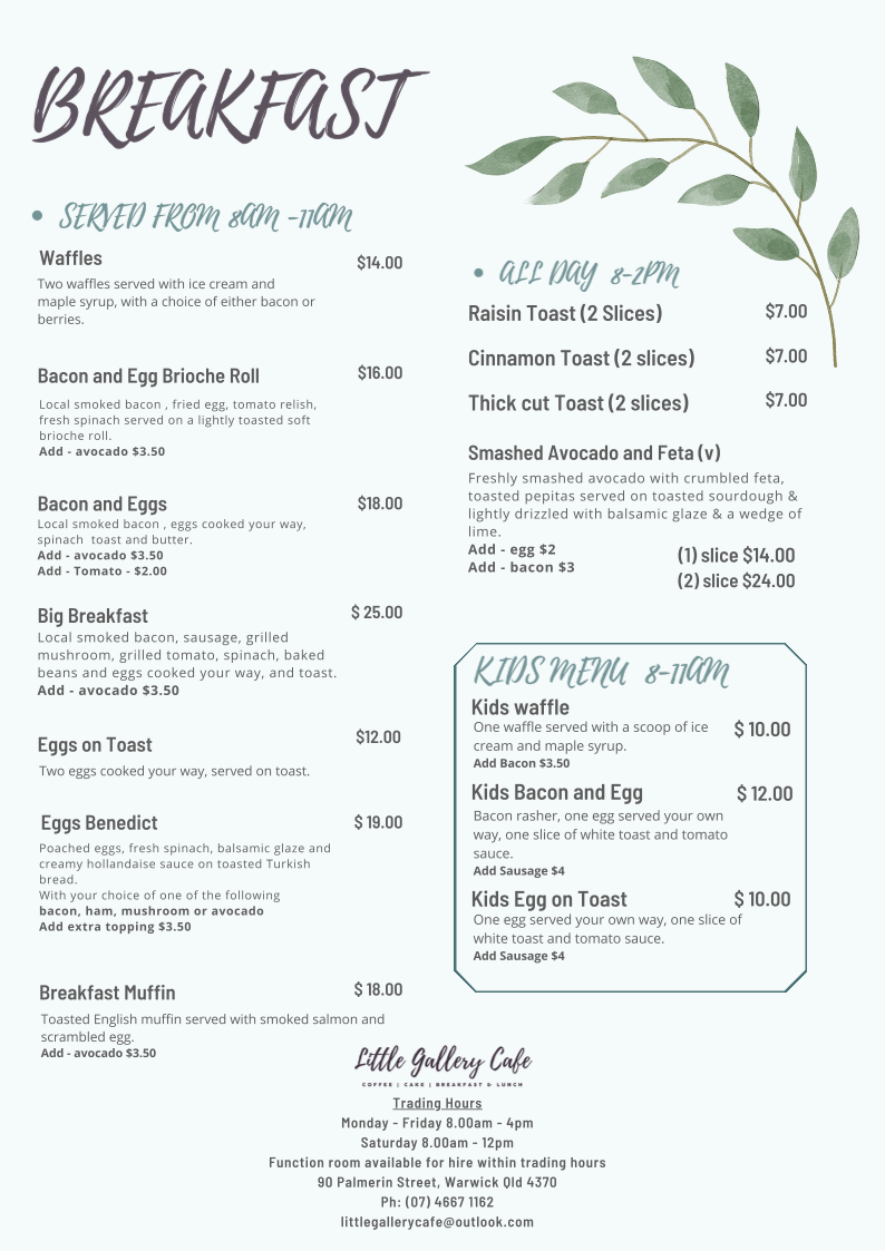 Menu, Little Gallery Cafe