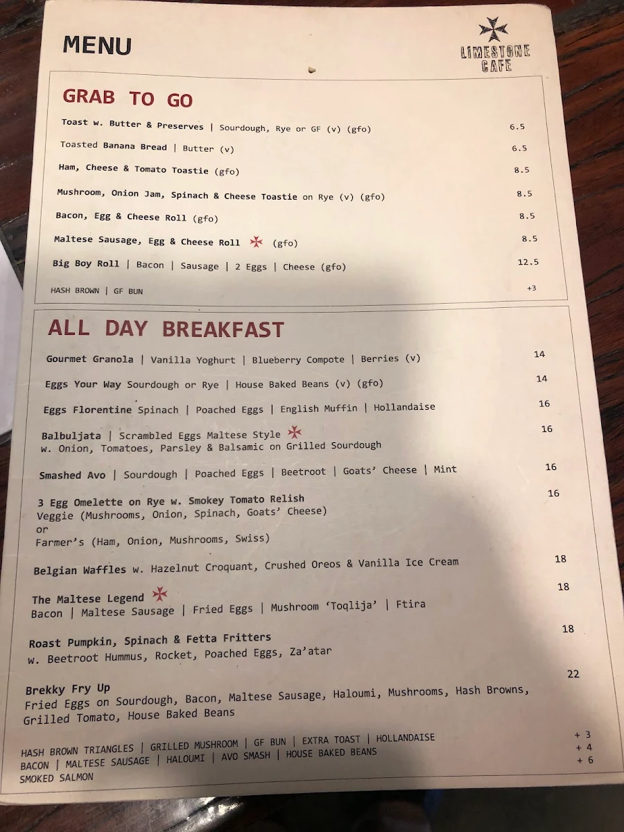 Menu, Limestone Cafe