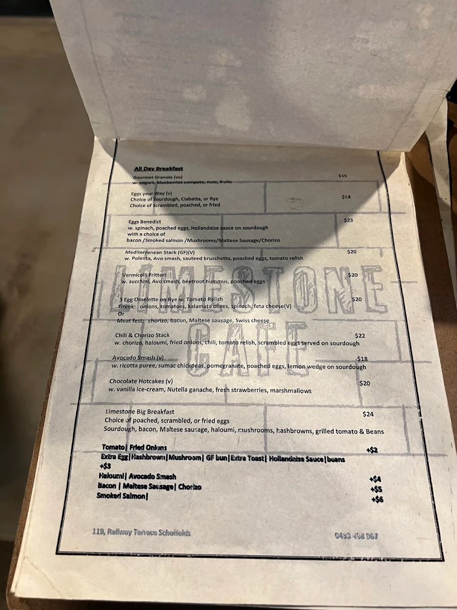 Menu, Limestone Cafe