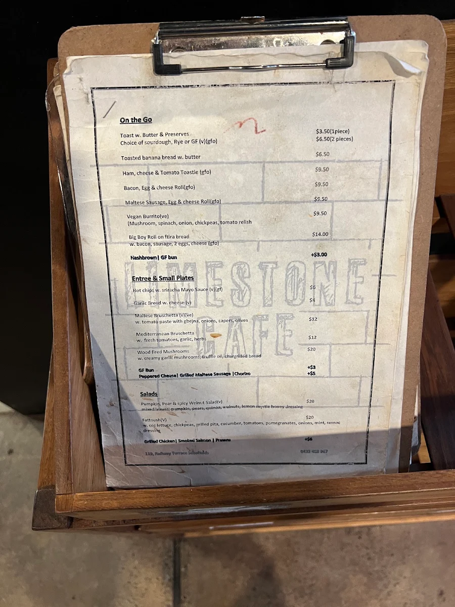 Menu, Limestone Cafe