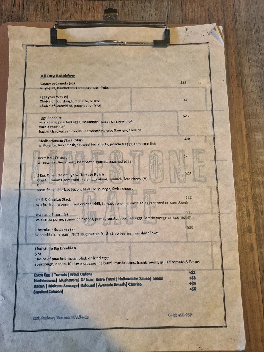 Menu, Limestone Cafe