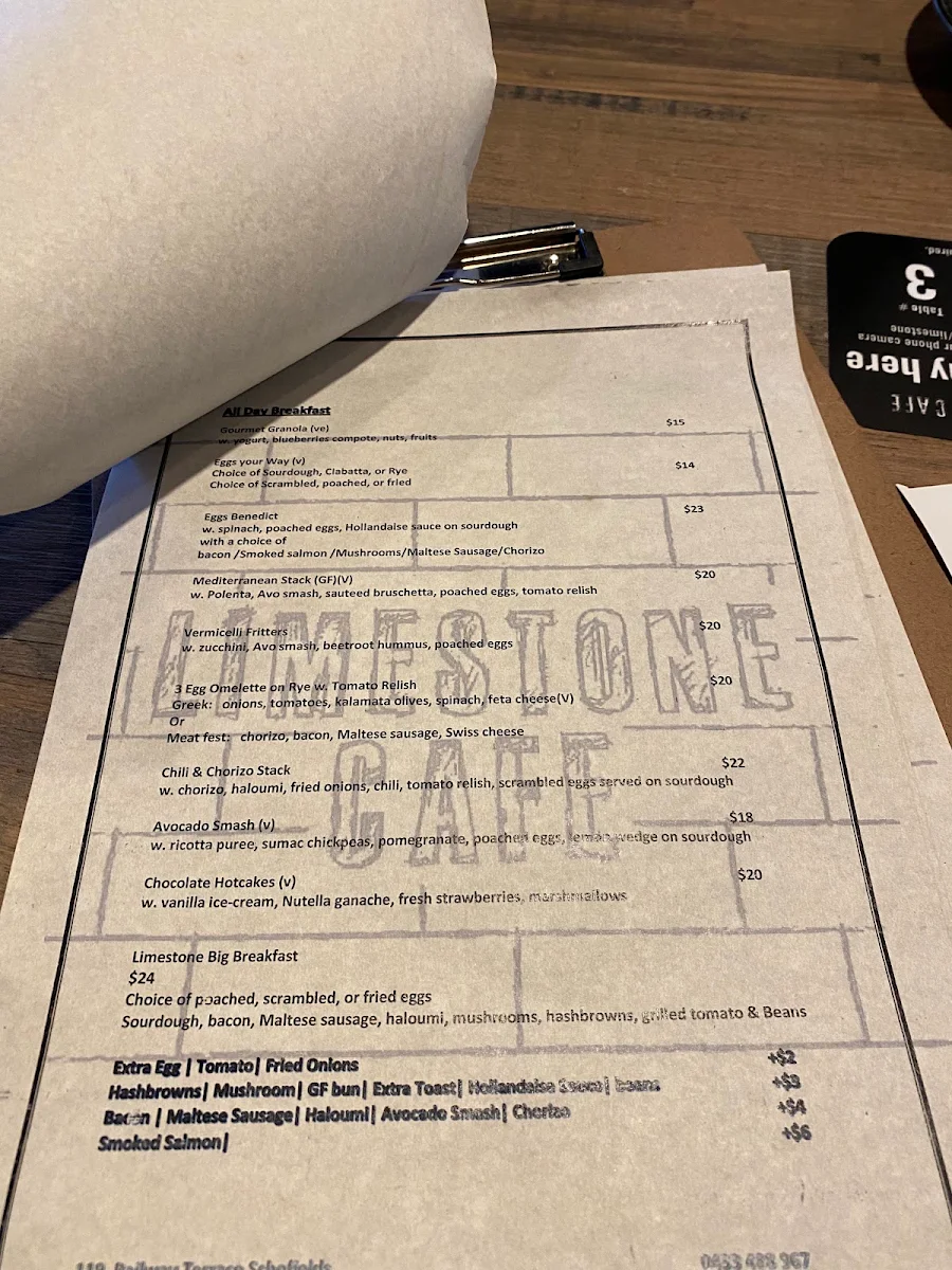 Menu, Limestone Cafe