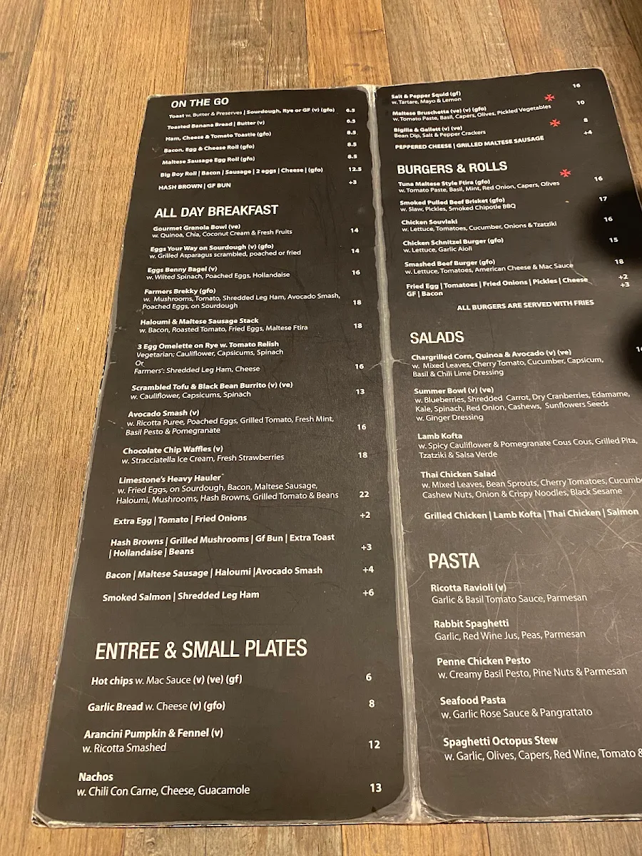 Menu, Limestone Cafe