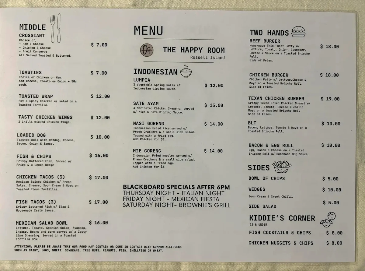 Menu, The Happy Room Cafe