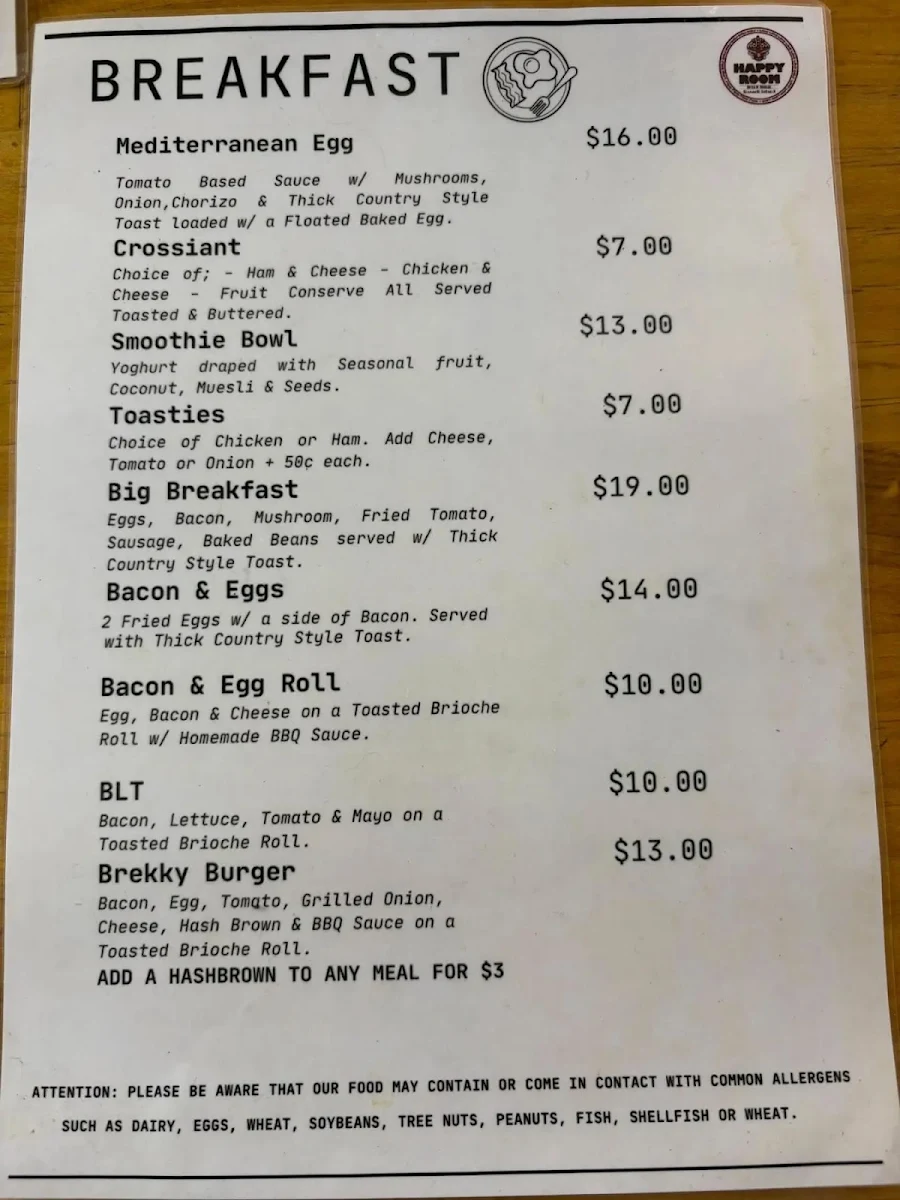 Menu, The Happy Room Cafe