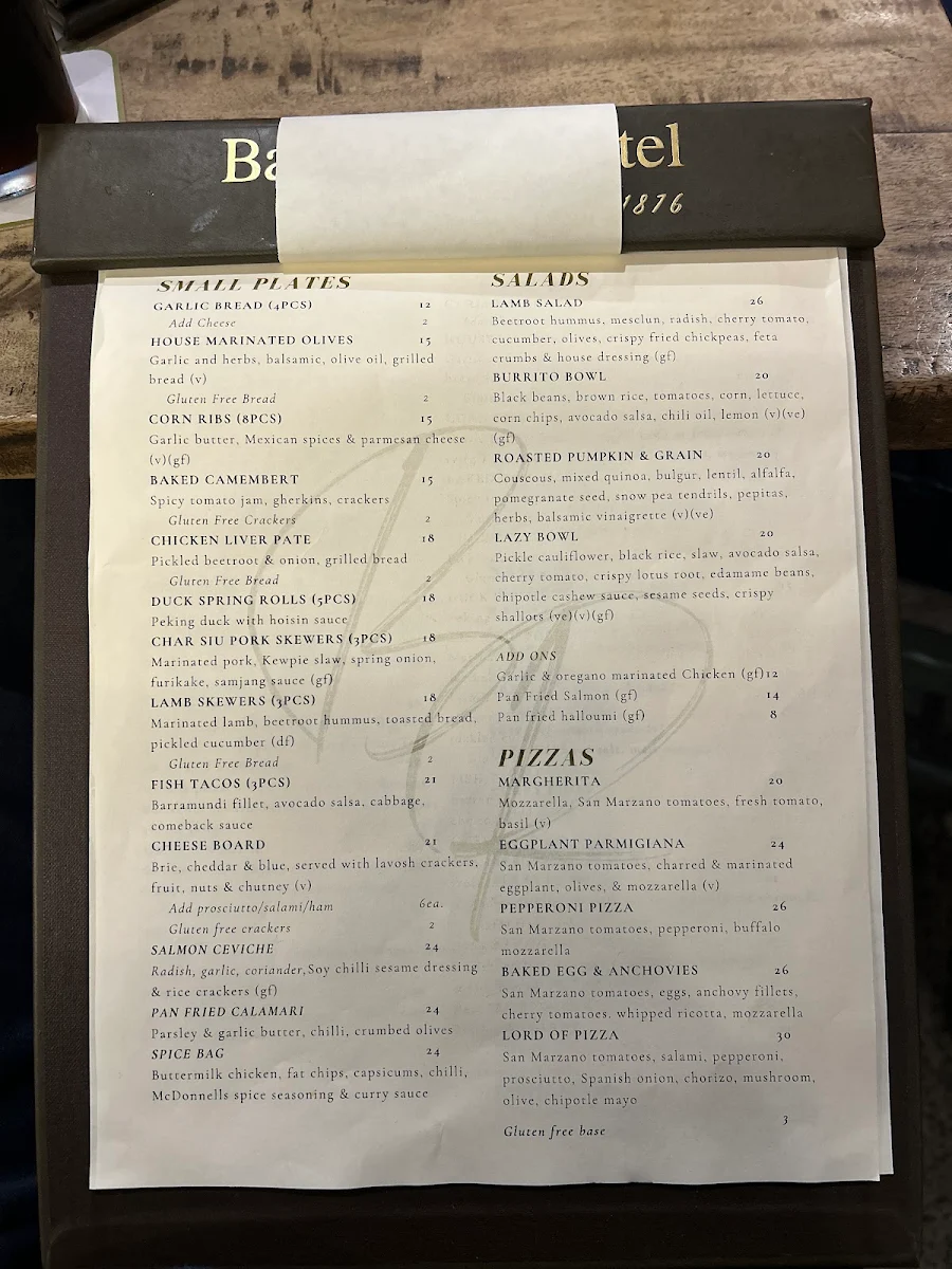 Menu, Bald Rock Hotel