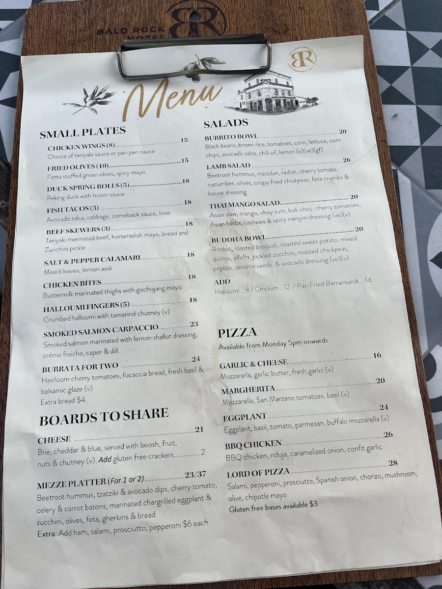 Menu, Bald Rock Hotel