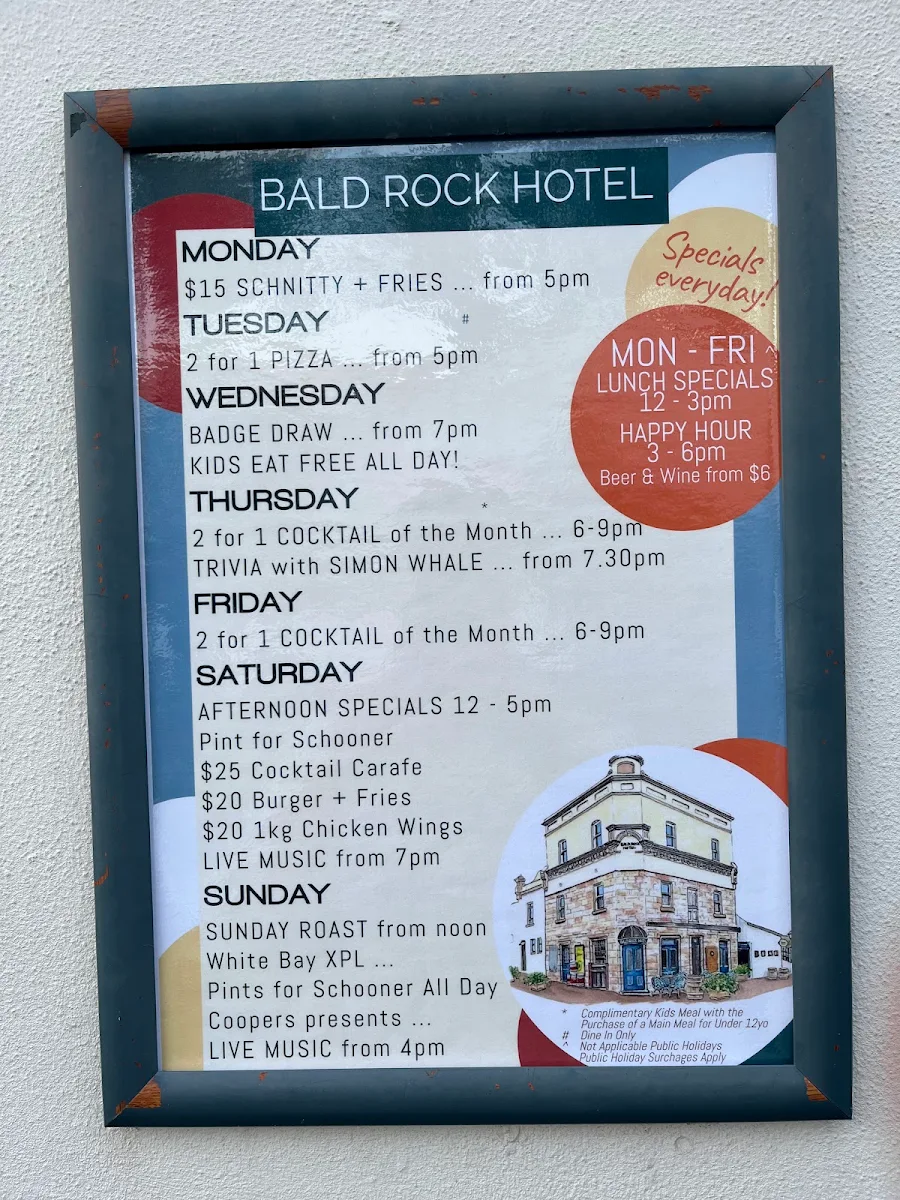 Menu, Bald Rock Hotel