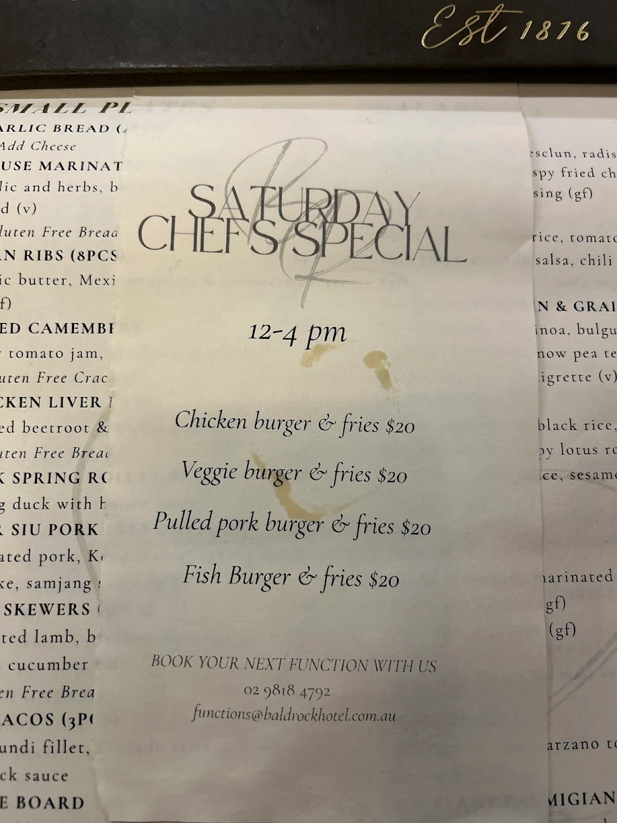 Menu, Bald Rock Hotel