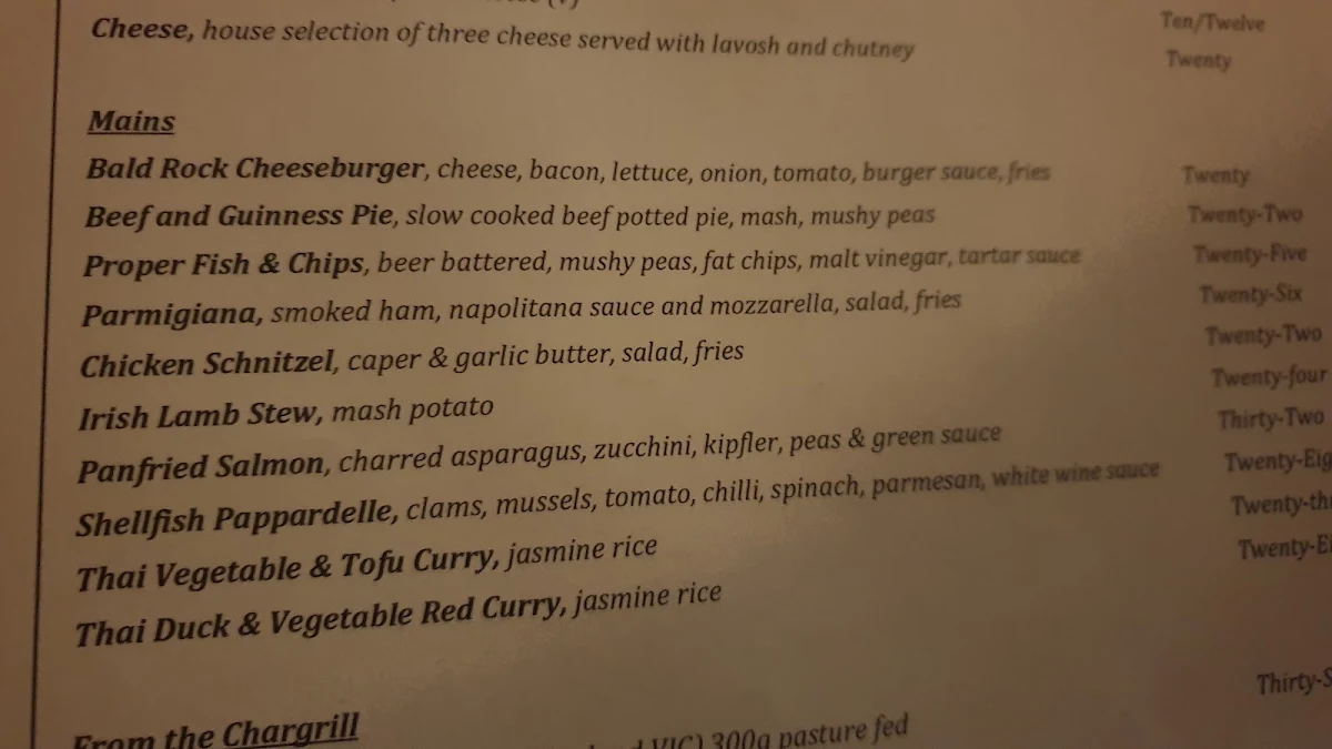 Menu, Bald Rock Hotel