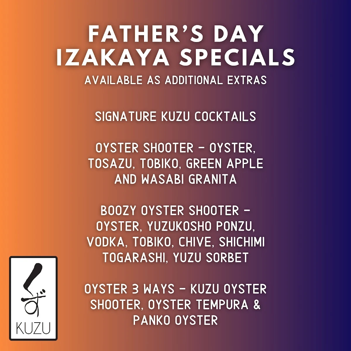 Menu, Kuzu Izakaya, Japanese Dining, Macedon Ranges