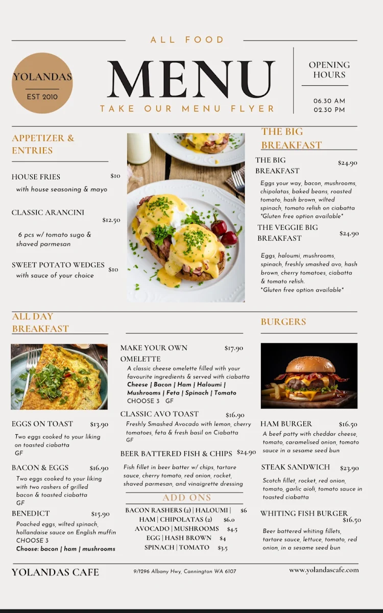 Menu, Yolandas Cafe