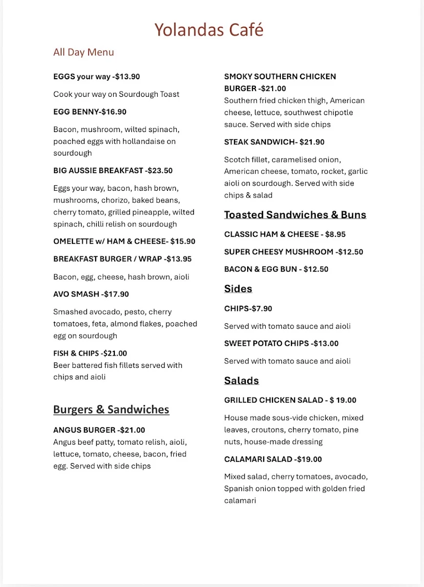 Menu, Yolandas Cafe