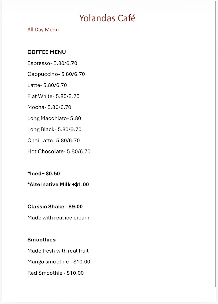 Menu, Yolandas Cafe