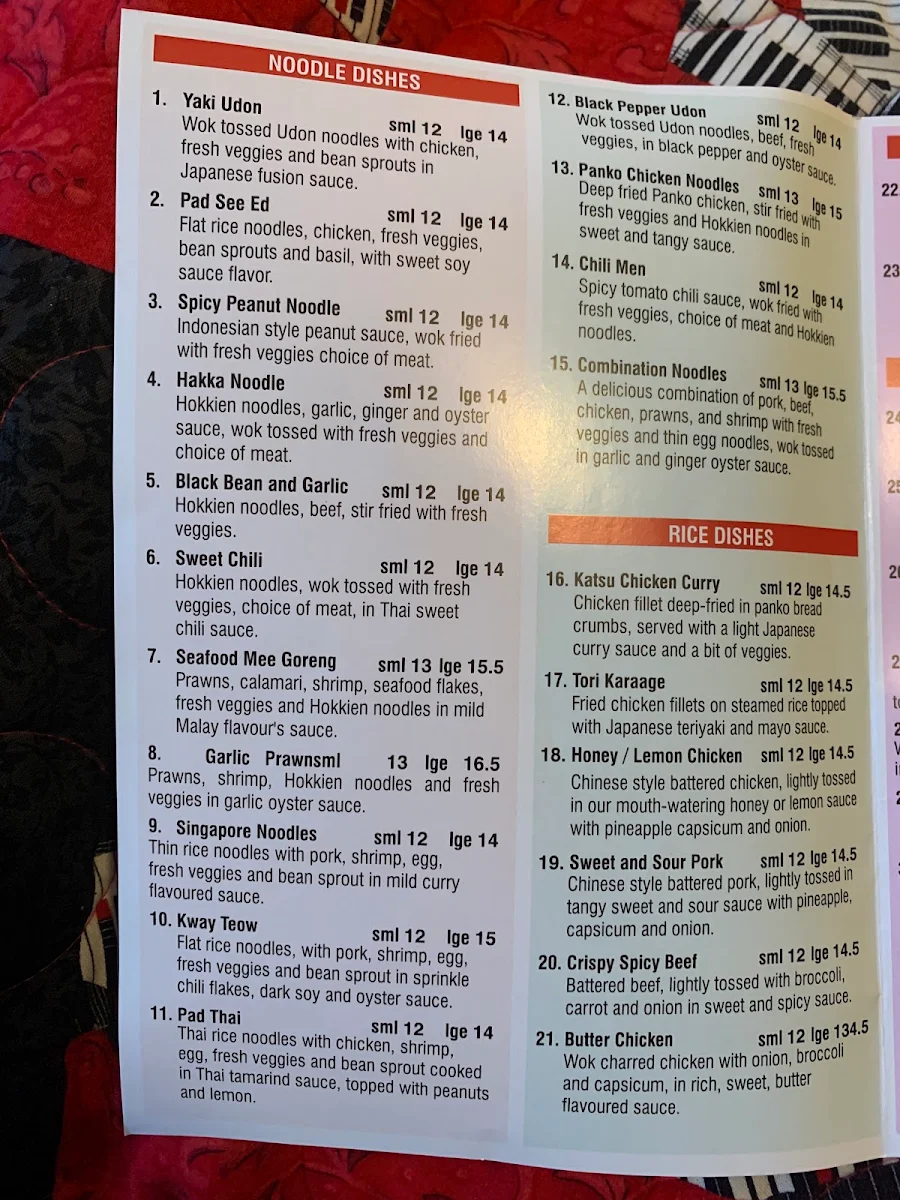 Menu, Pan-Asia Kitchen South Tweed