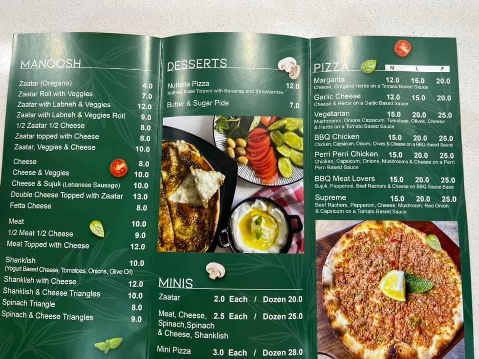 Menu, Manoosh Bar Cafe