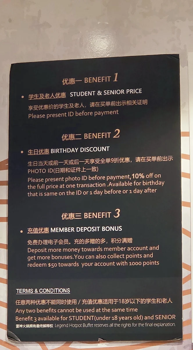 Menu, Legend Hot Pot Buffet