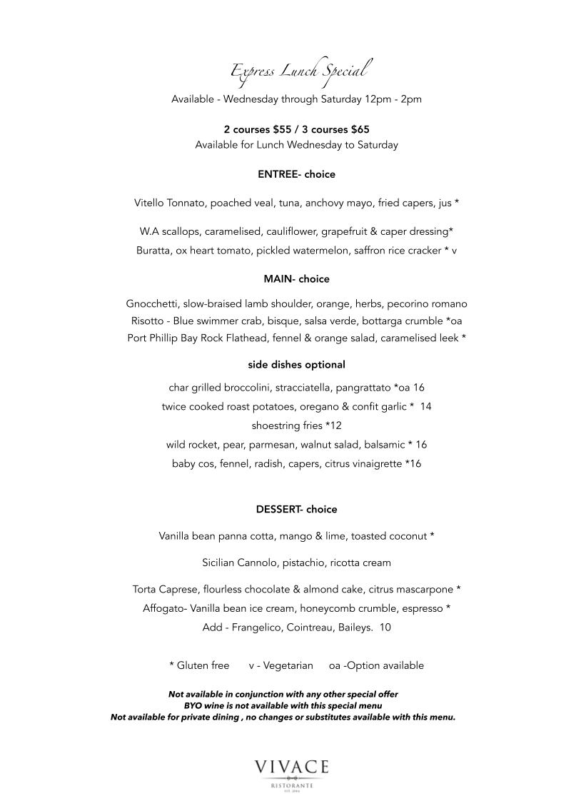 Menu, Vivace