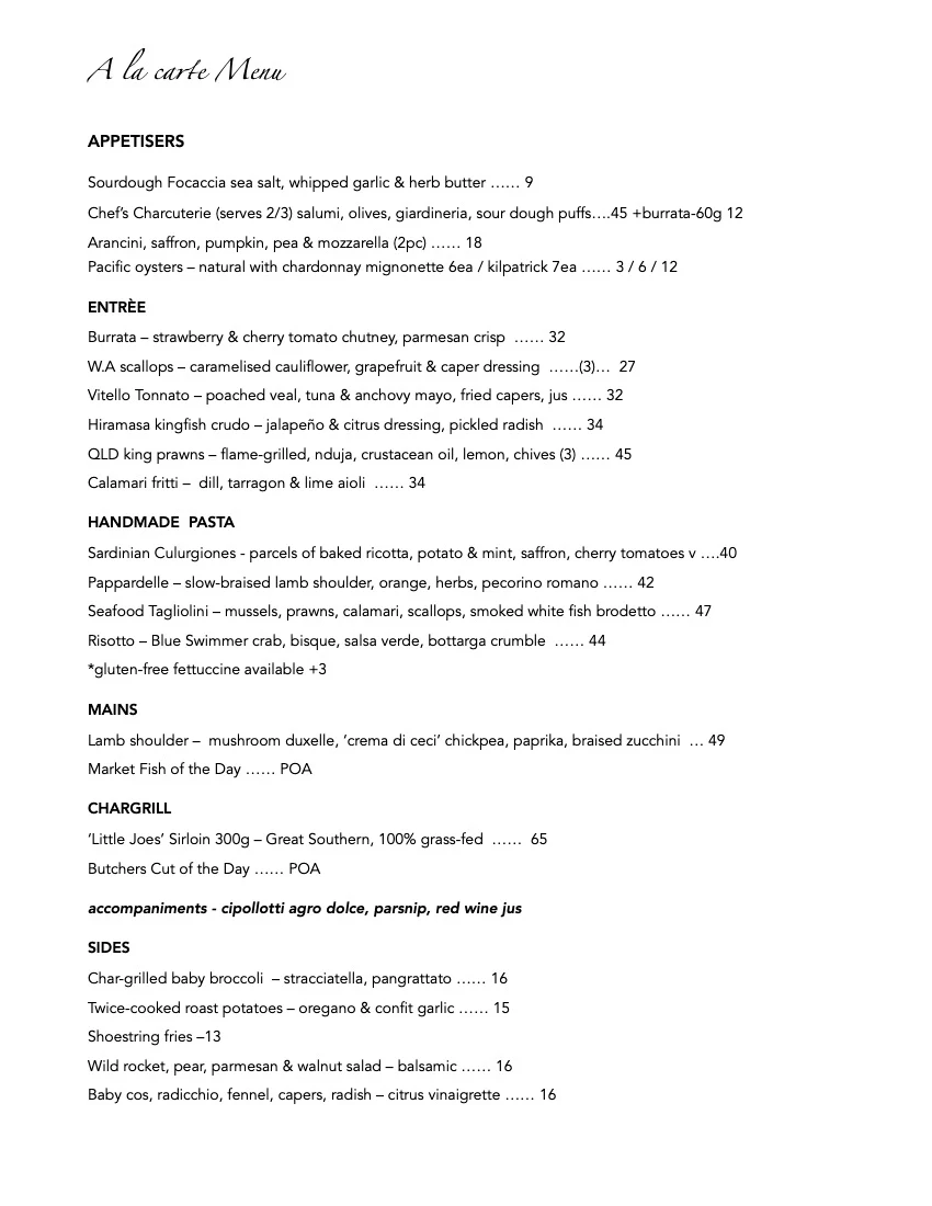 Menu, Vivace