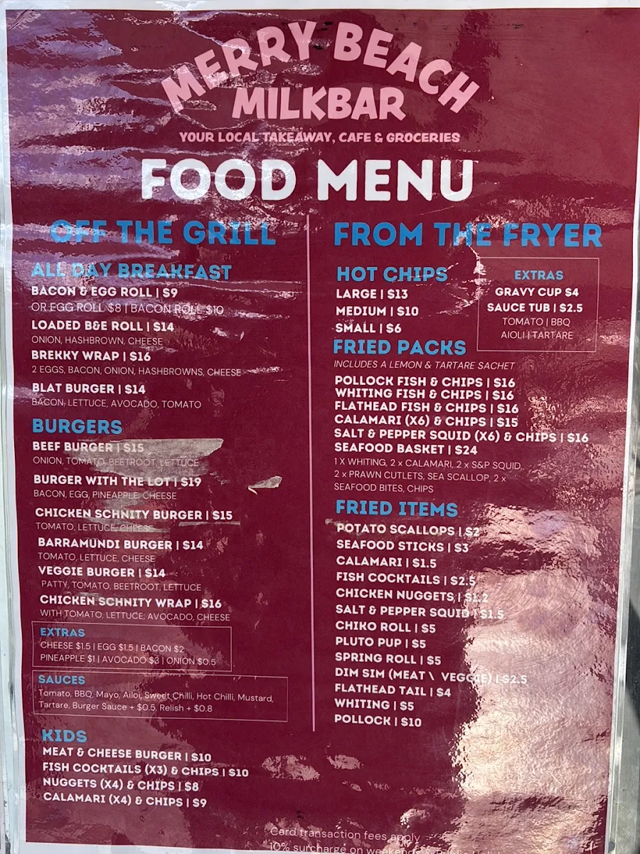 Menu, Merry Beach Milkbar
