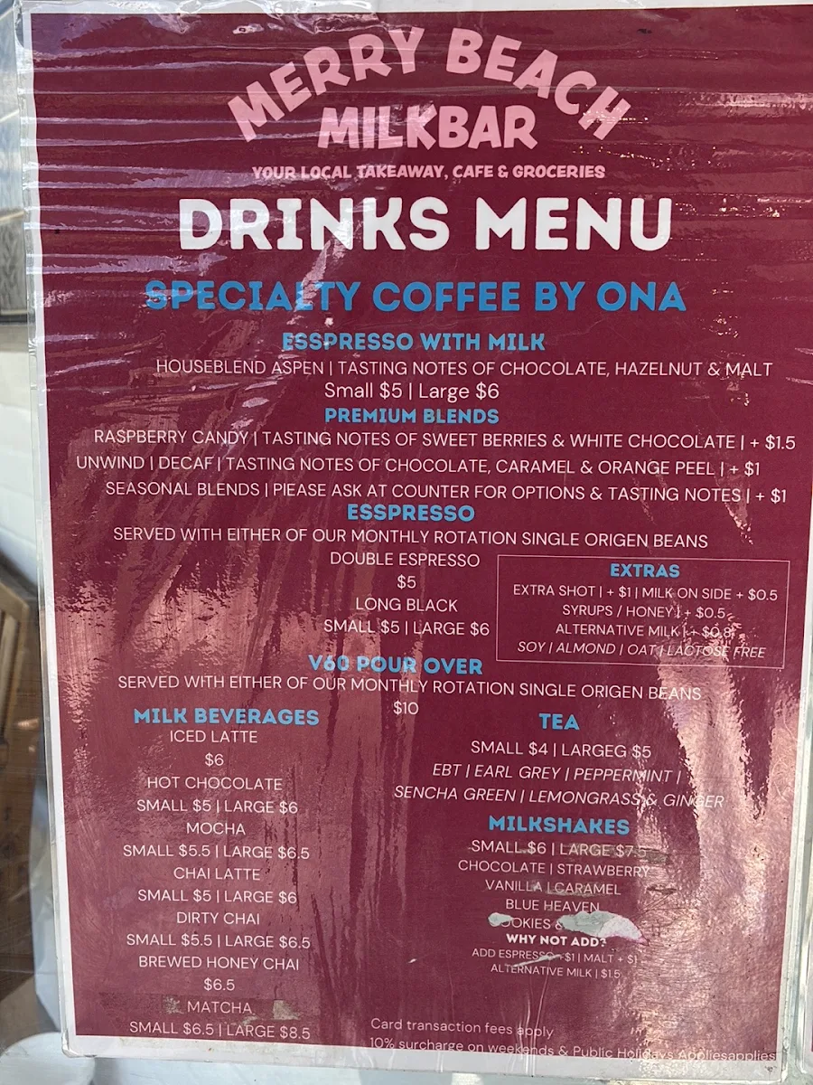 Menu, Merry Beach Milkbar