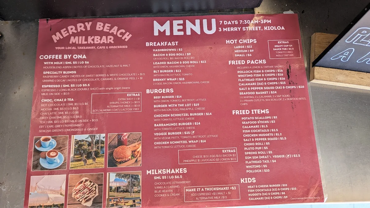 Menu, Merry Beach Milkbar