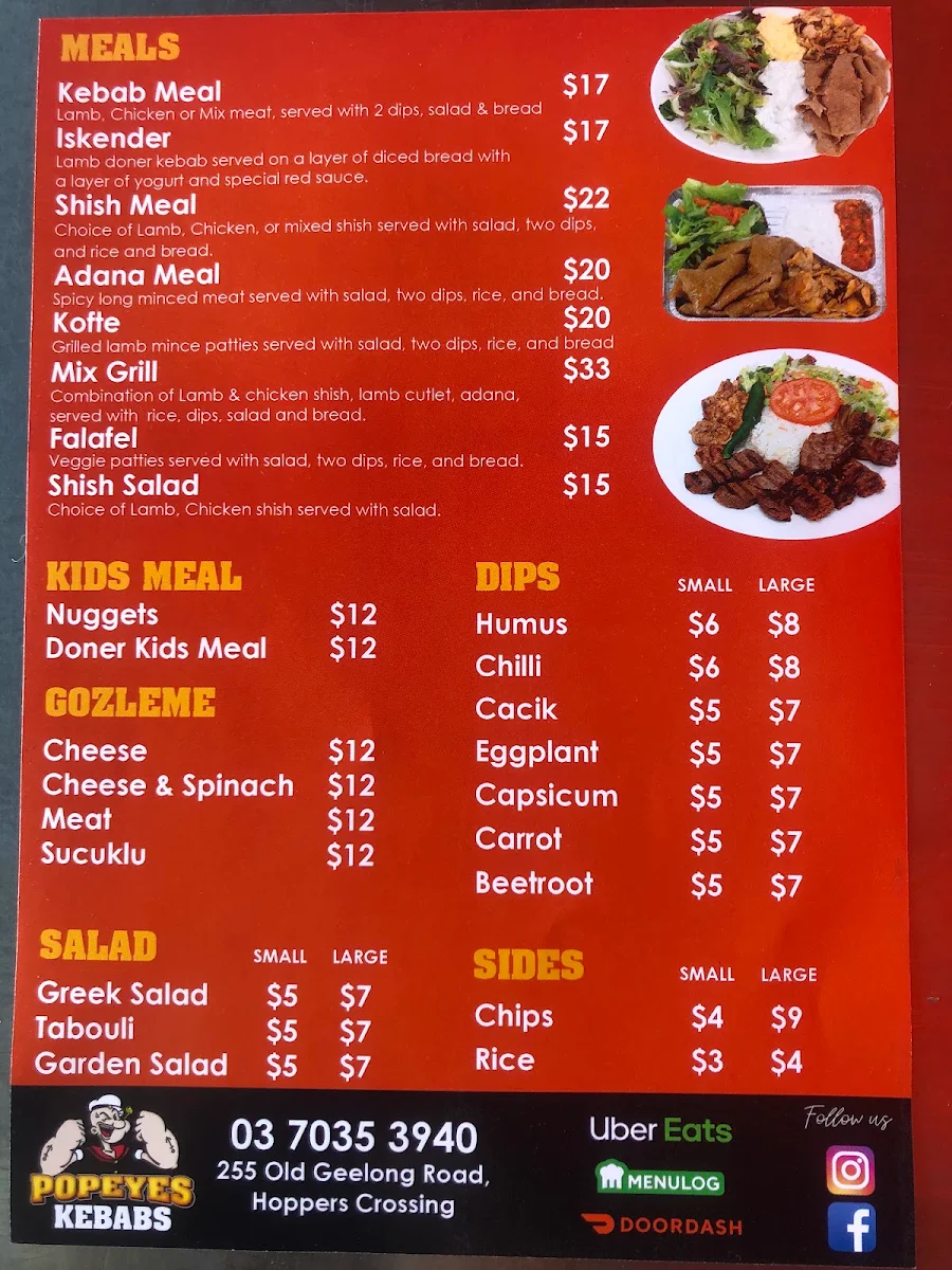Menu, Popeyes Pizza N Kebab