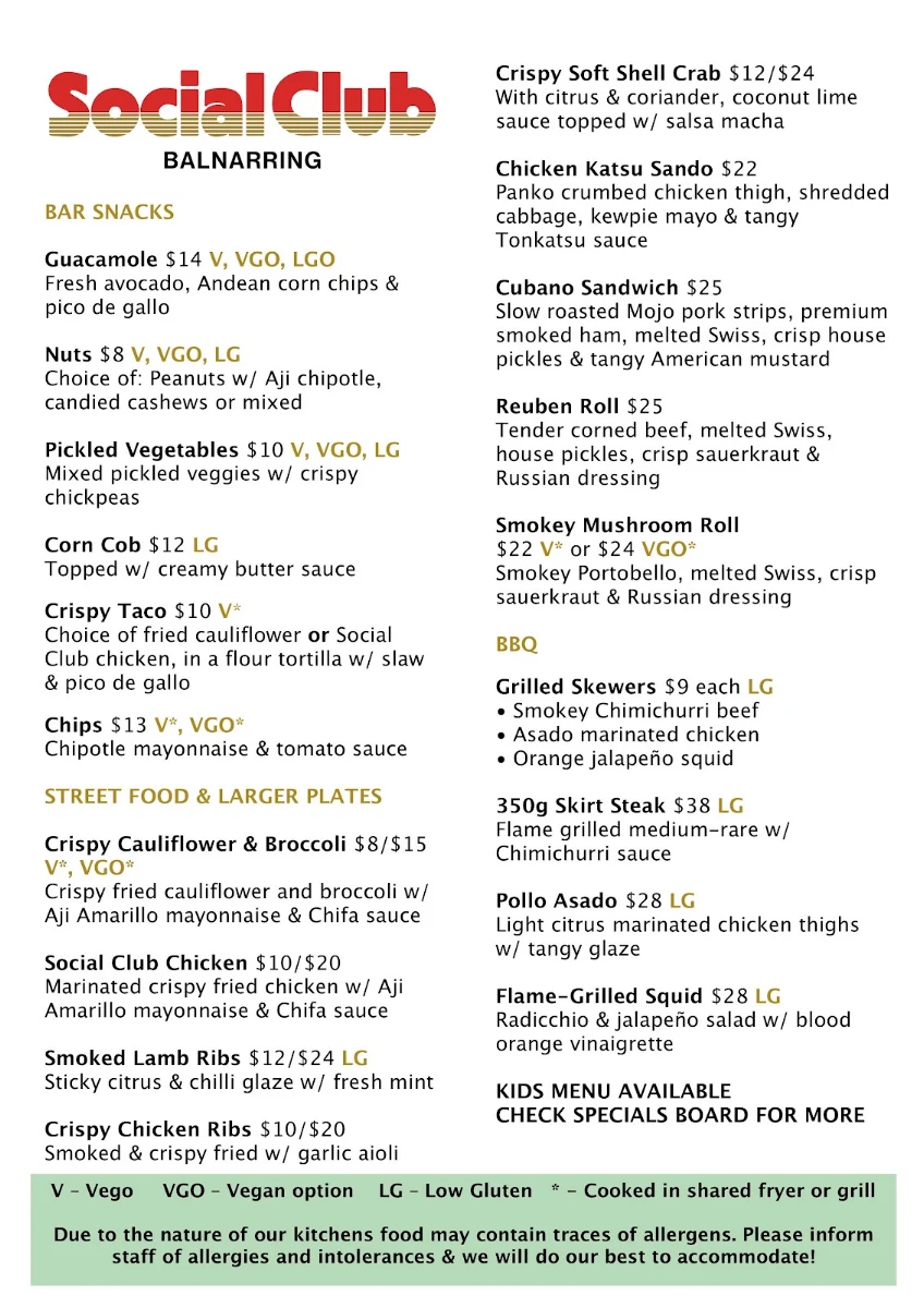 Menu, Social Club Balnarring