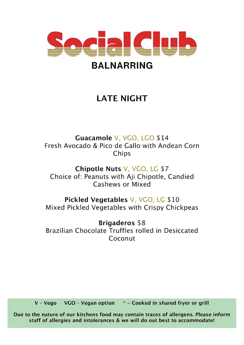 Menu, Social Club Balnarring