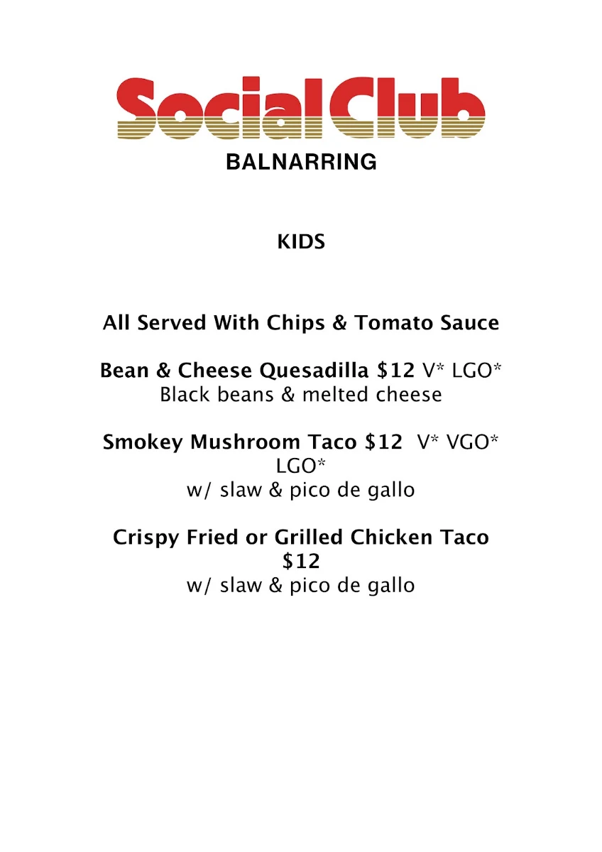 Menu, Social Club Balnarring