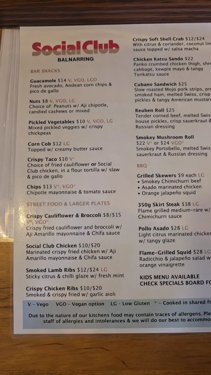 Menu, Social Club Balnarring