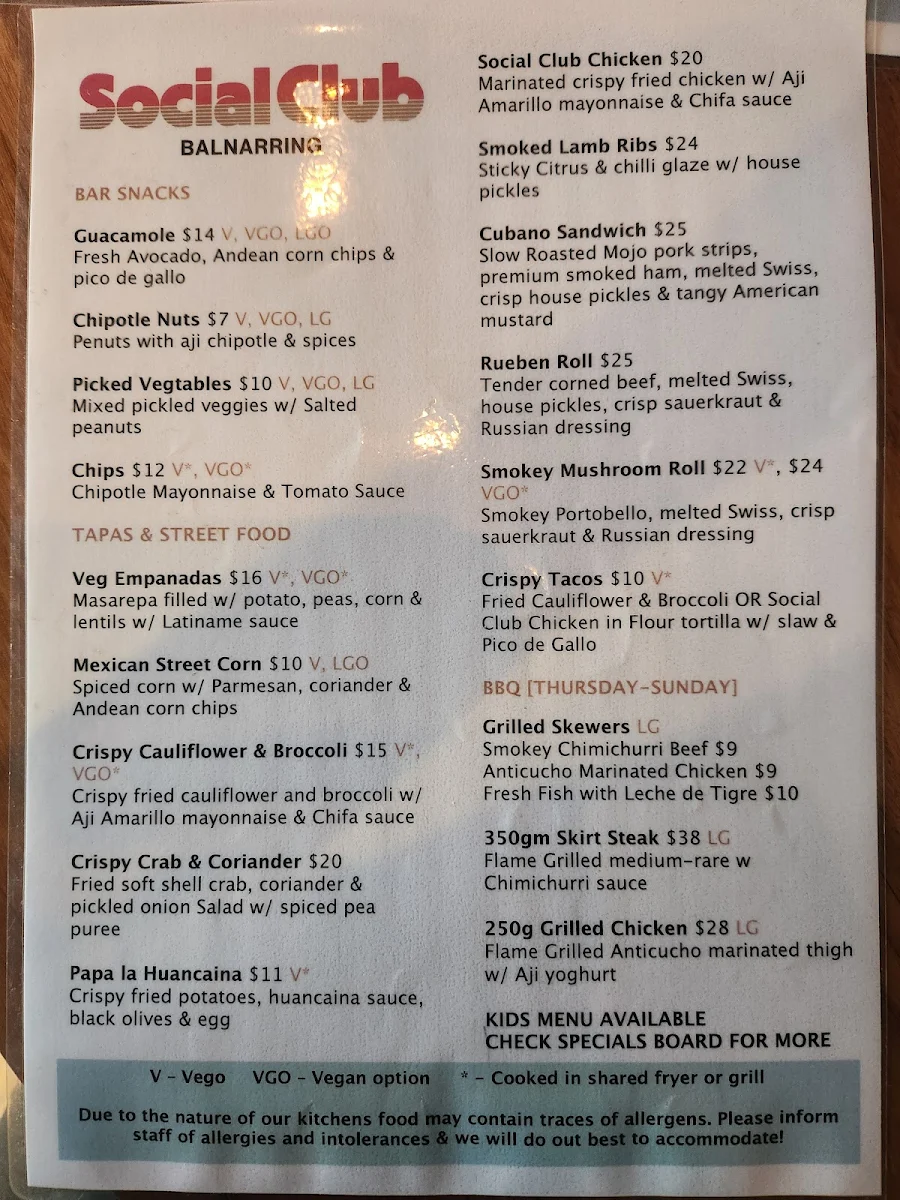 Menu, Social Club Balnarring