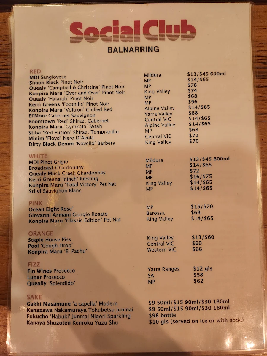 Menu, Social Club Balnarring