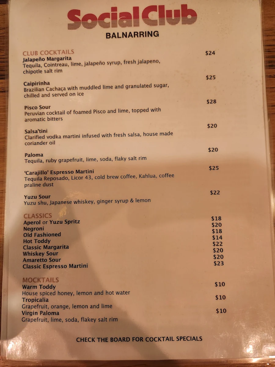 Menu, Social Club Balnarring