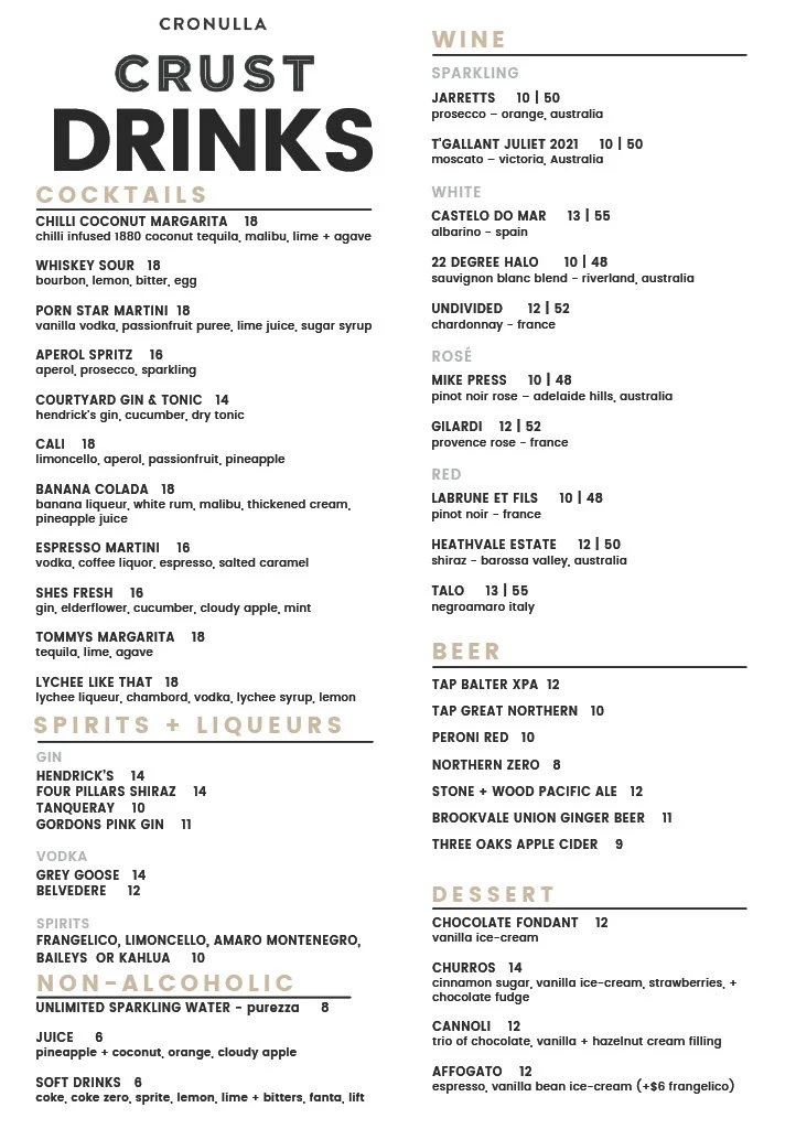 Menu, Crust Pizza Cronulla