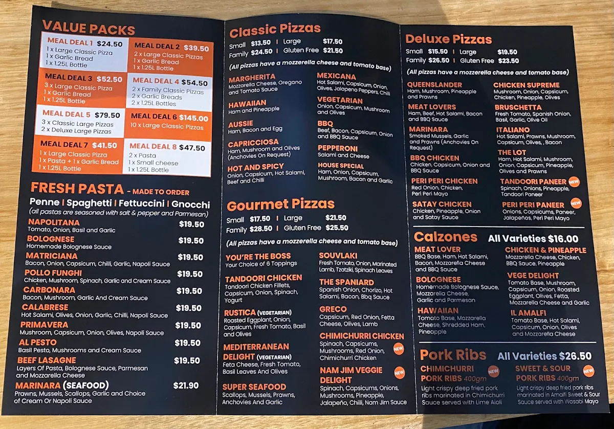 Menu, Amalfi Pizza & Pasta - Mornington