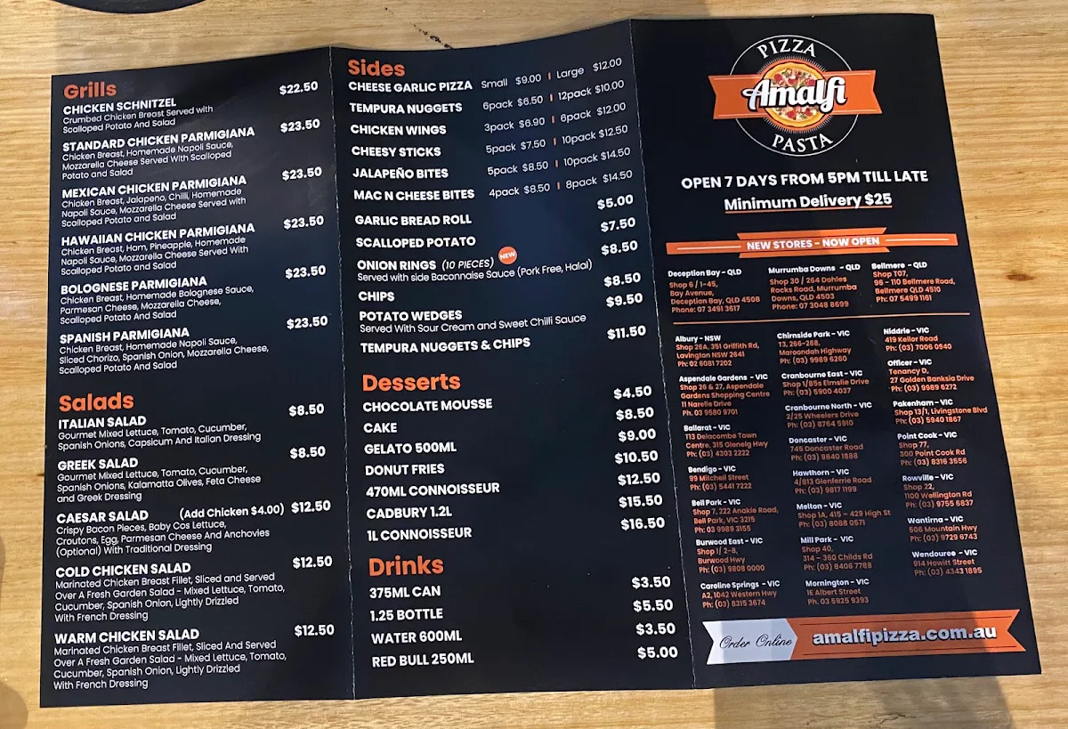 Menu, Amalfi Pizza & Pasta - Mornington
