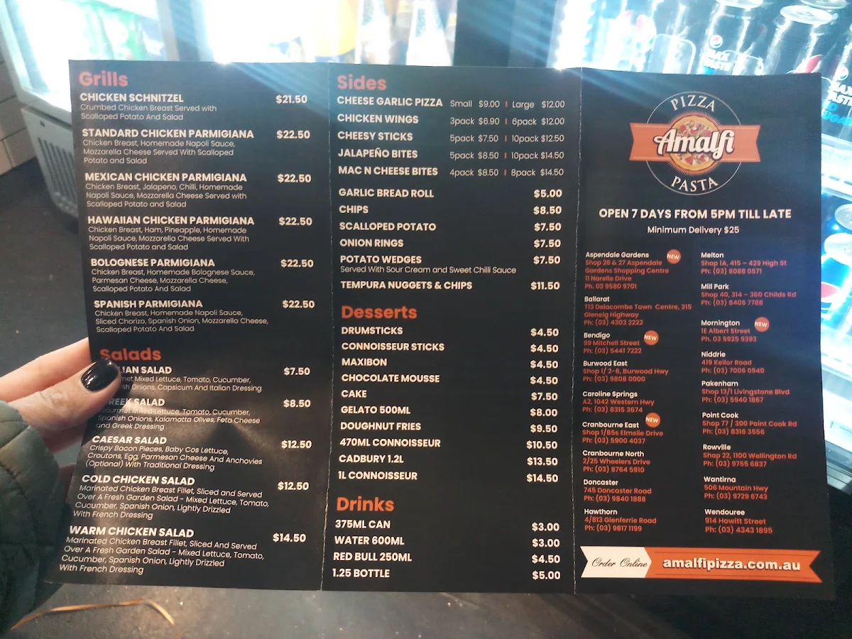 Menu, Amalfi Pizza & Pasta - Mornington