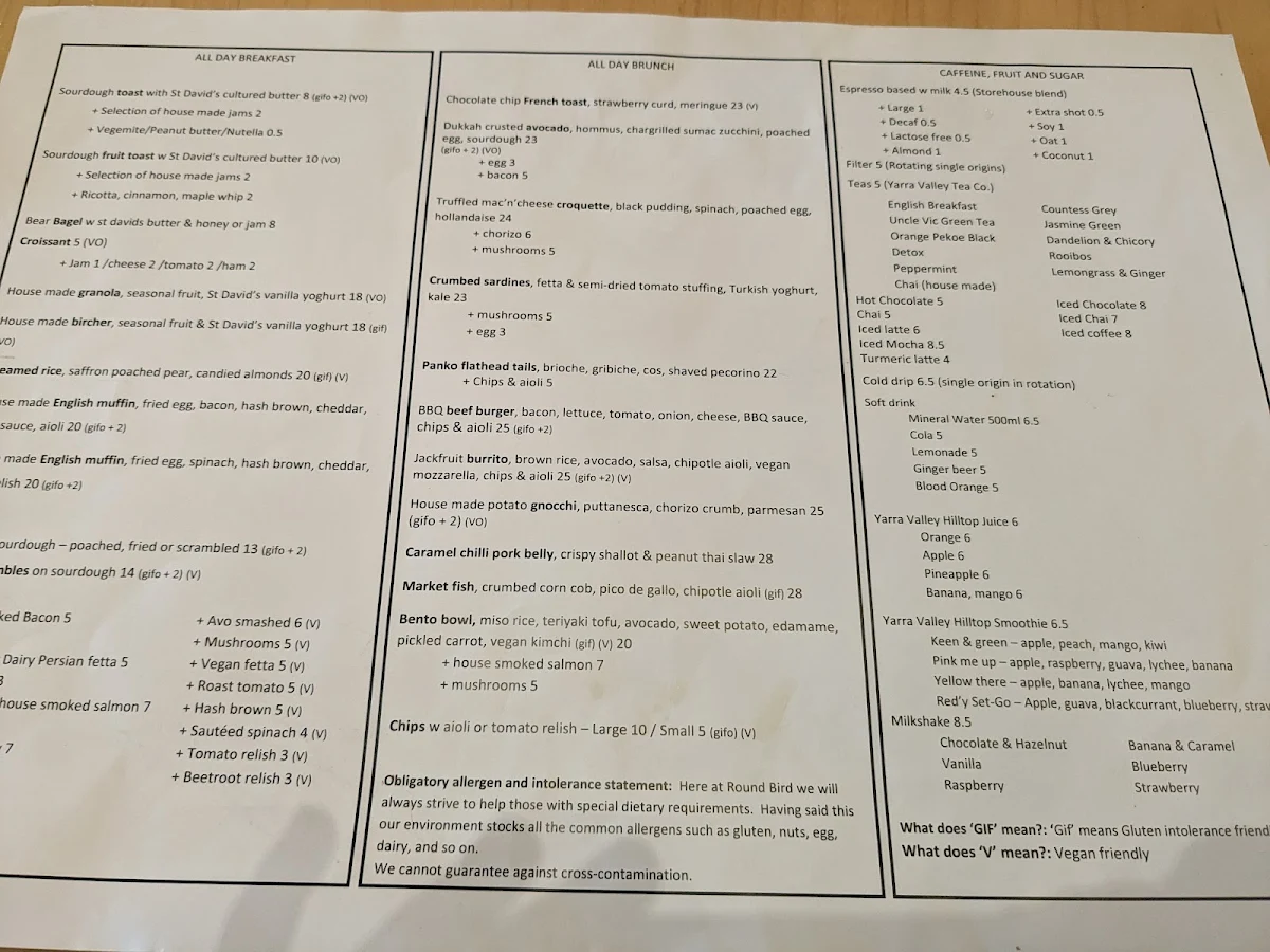 Menu, Round Bird Food & Wine Merchants