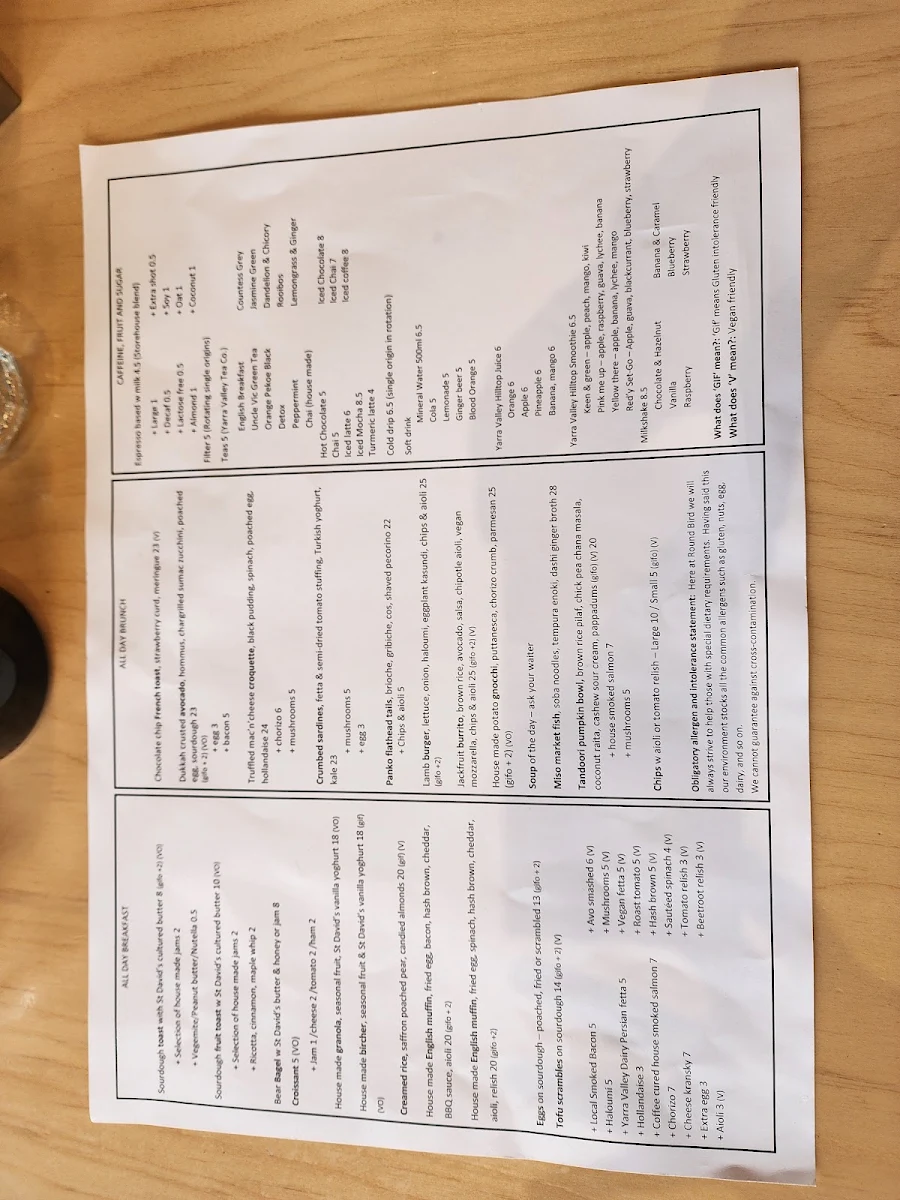 Menu, Round Bird Food & Wine Merchants