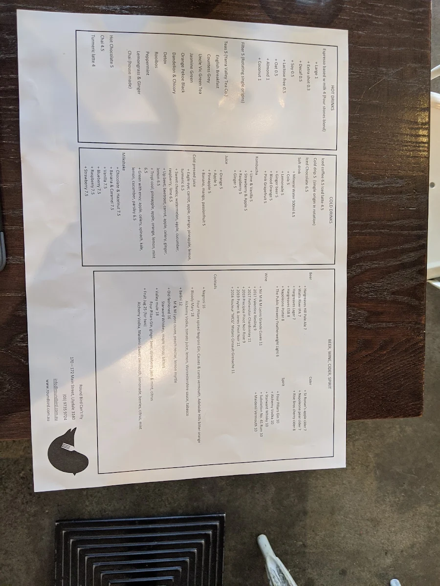Menu, Round Bird Food & Wine Merchants