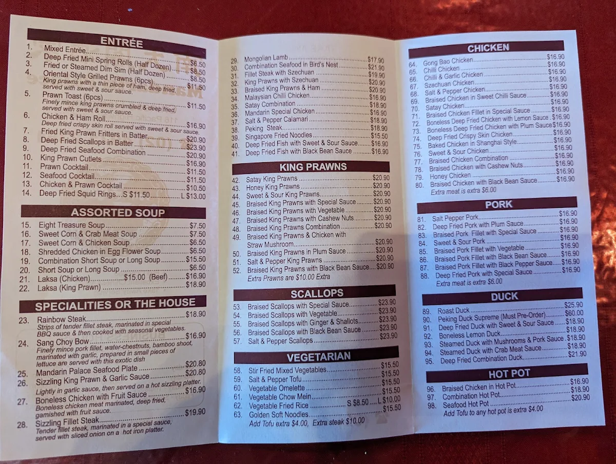 Menu, Mandarin Restaurant