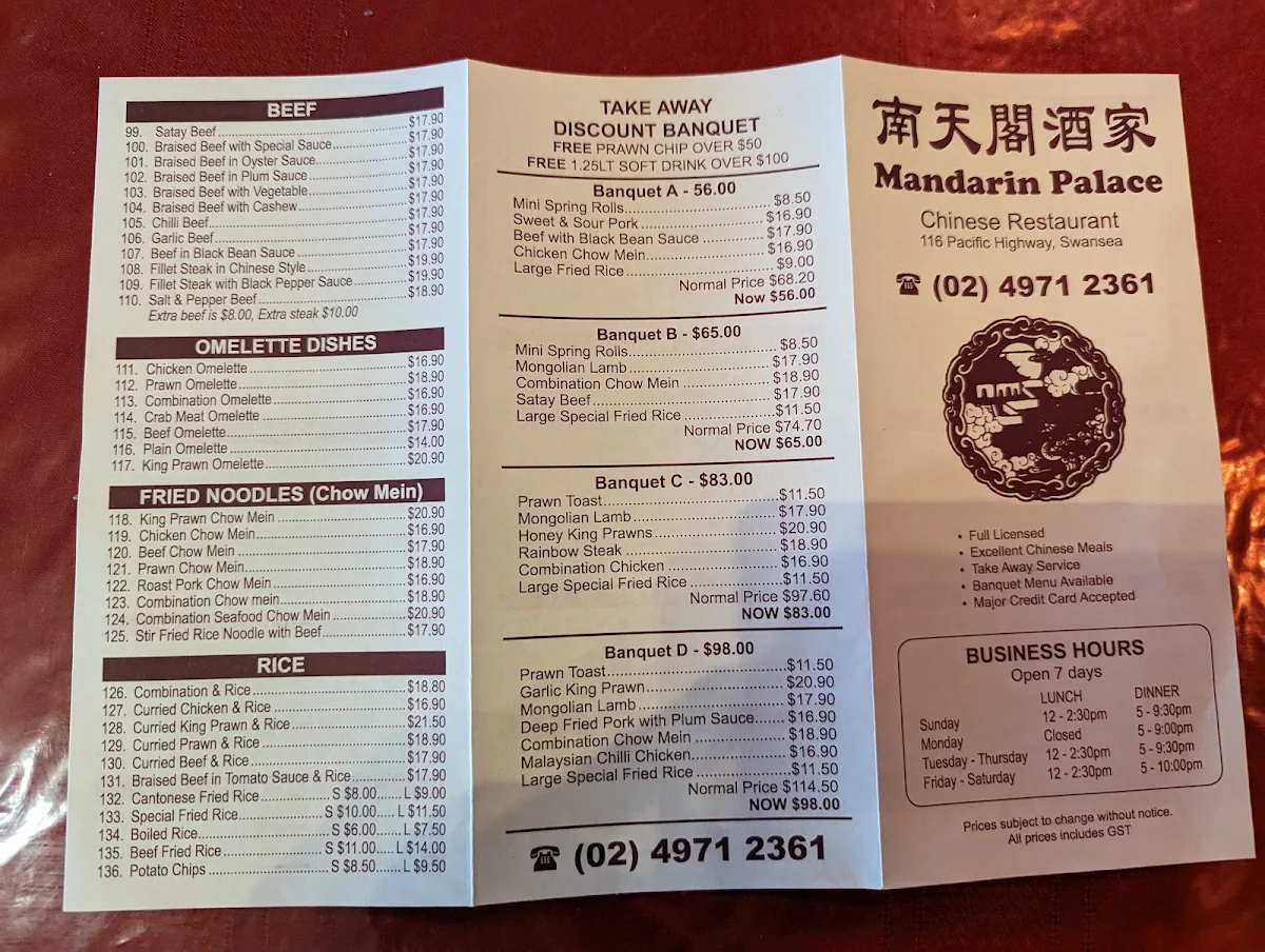 Menu, Mandarin Restaurant