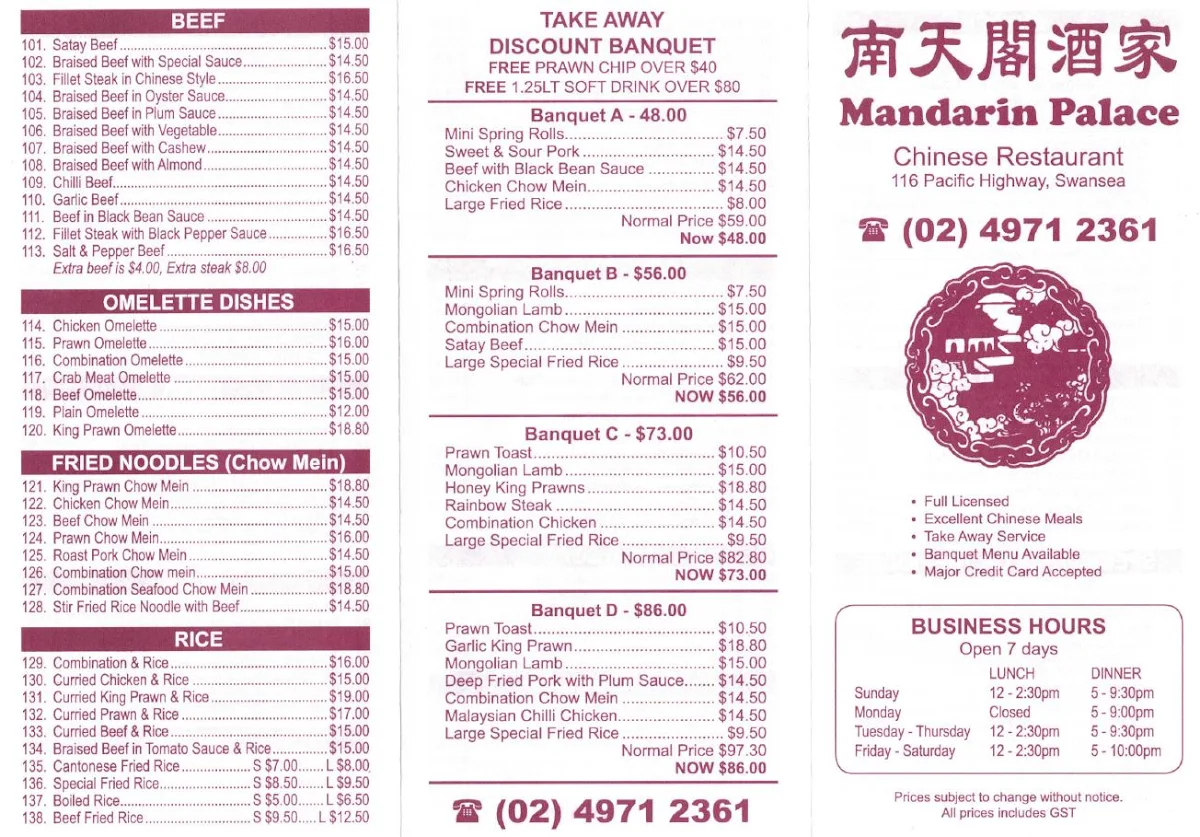 Menu, Mandarin Restaurant