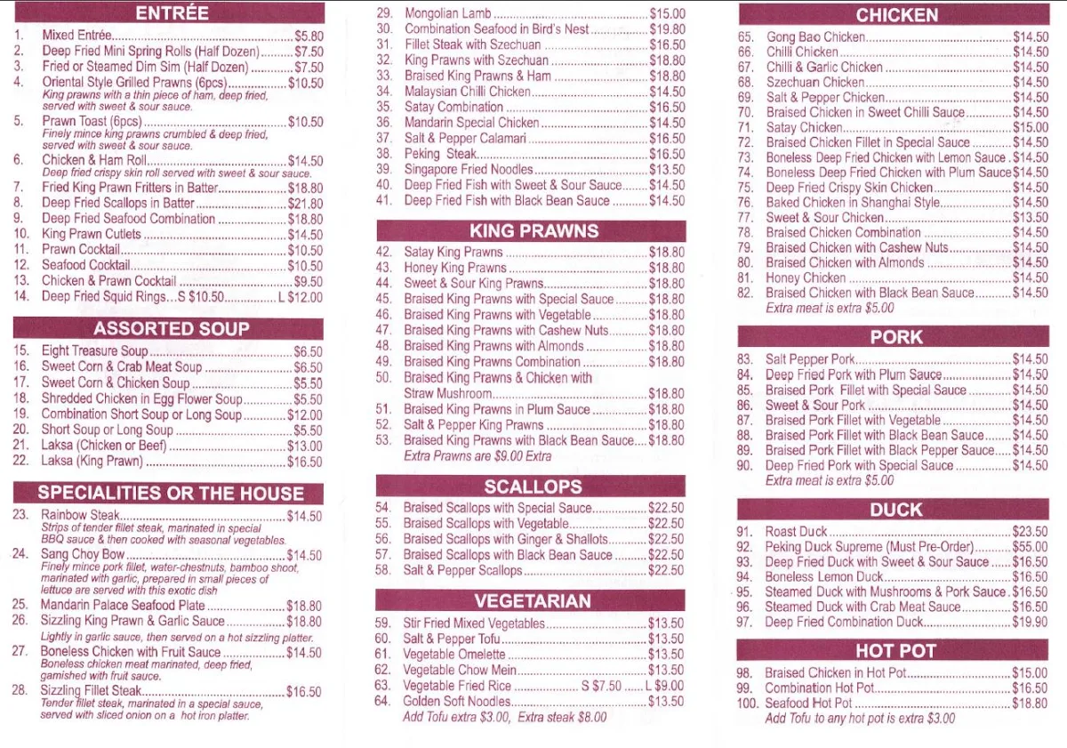 Menu, Mandarin Restaurant