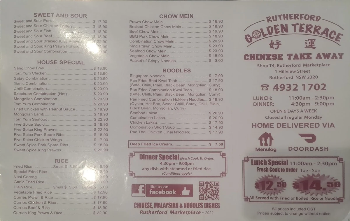 Menu, Golden Terrace Chinese Takeaway Rutherford