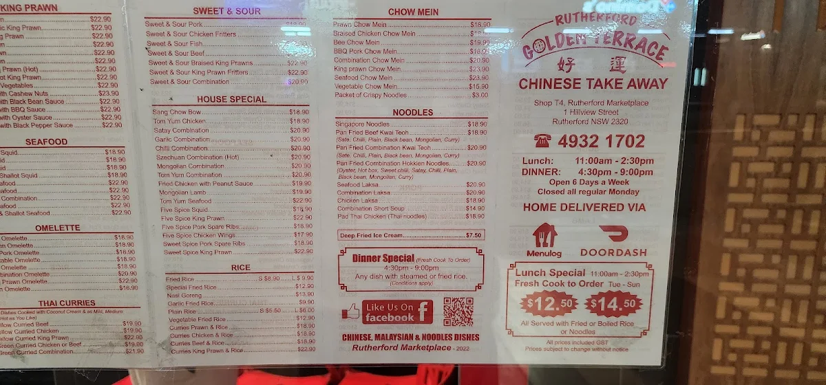 Menu, Golden Terrace Chinese Takeaway Rutherford