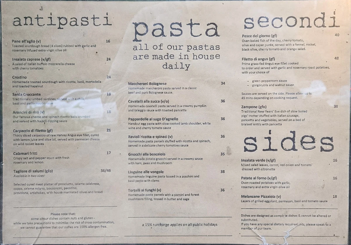 Menu, La Scarpetta Trattoria