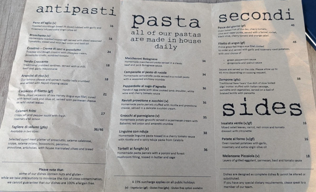 Menu, La Scarpetta Trattoria