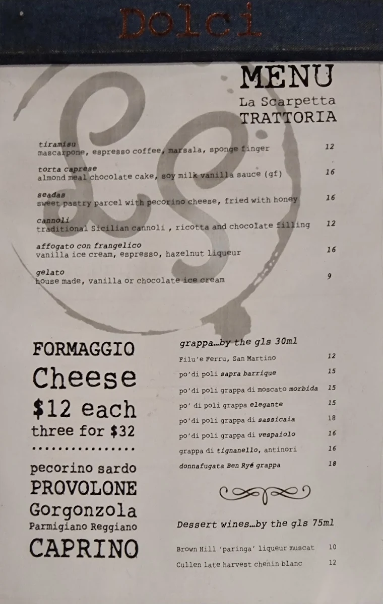 Menu, La Scarpetta Trattoria